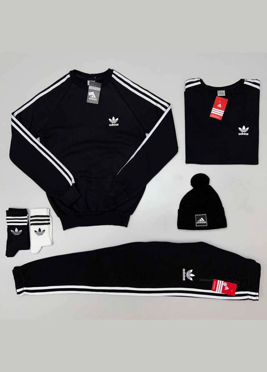 Черный зимний комплект 6 в 1 adidas (кофта,штаны,шапка,футболка,носки) No Brand