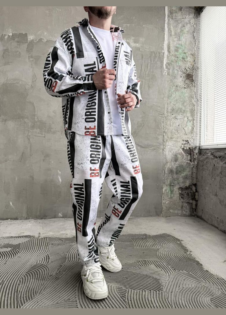 Комбинированный демисезонный костюм котоновый рубашка брюки оверсайз стильный принт весна осень No Brand