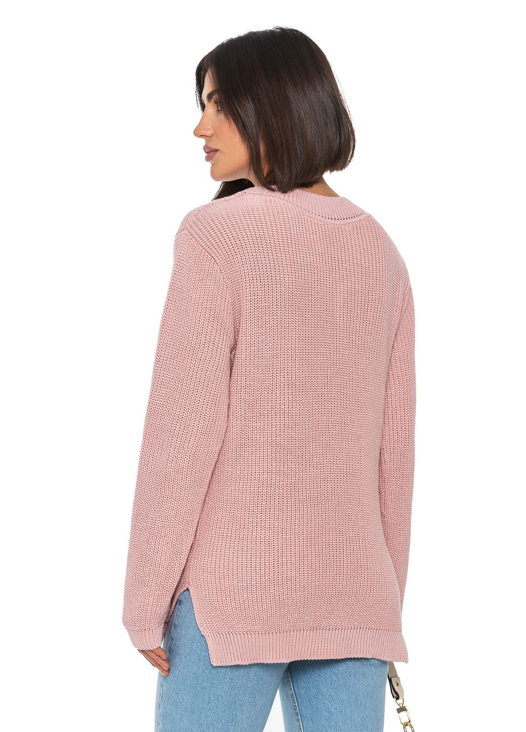 Пудровий жіночий бавовняний светр з v-подібним коміром SVTR