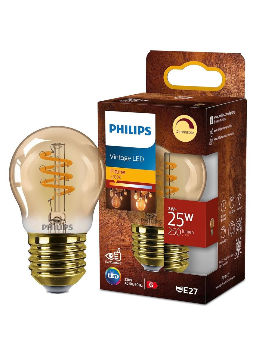 LED лампа, 25 Вт, цоколь E27, теплый белый свет, регулируемая яркость, золотой корпус, стильный винтажный дизайн Philips (372154180)