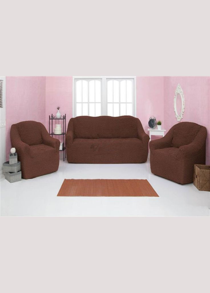 Чехлы на диван и два кресла натяжные без оборки 07-201 (универсальные) Темно-коричневый Venera (268547759)