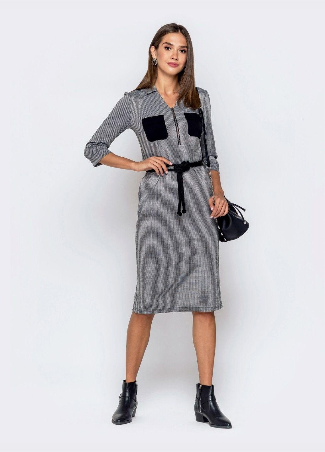 Сіра кежуал приталене сукня в клітинку з контрастними кишенями сіре сукня-сорочка Dressa