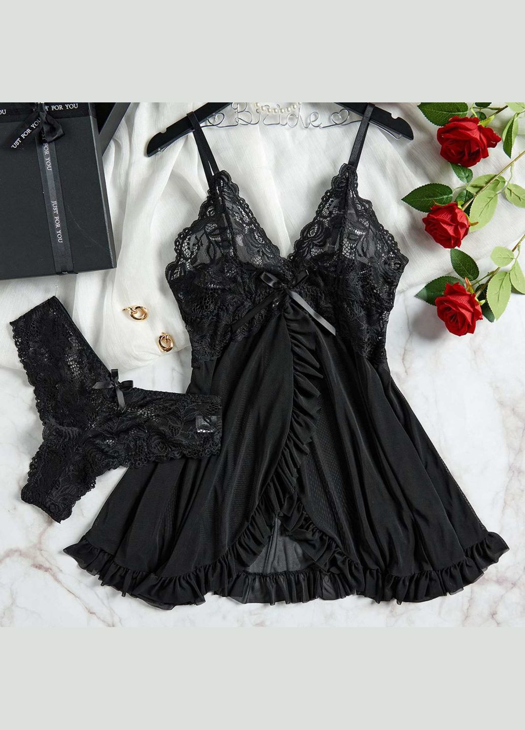 Пеньюар Rossi напівпрозорий спокусливий мереживний з застібкою на спині бразильки в комплекті No Brand Пеньюар Россі чорний (341530333)