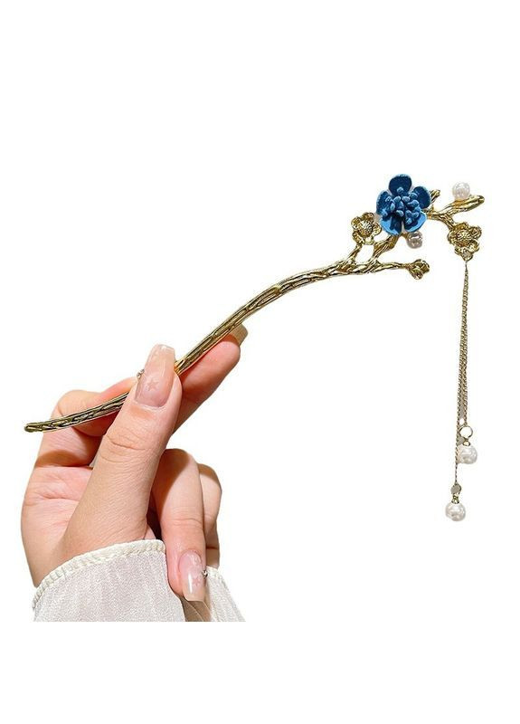 Заколка-палочка для волос в китайском дизайне Синие цветы в подарочной коробке золотистая No Brand (362135503)