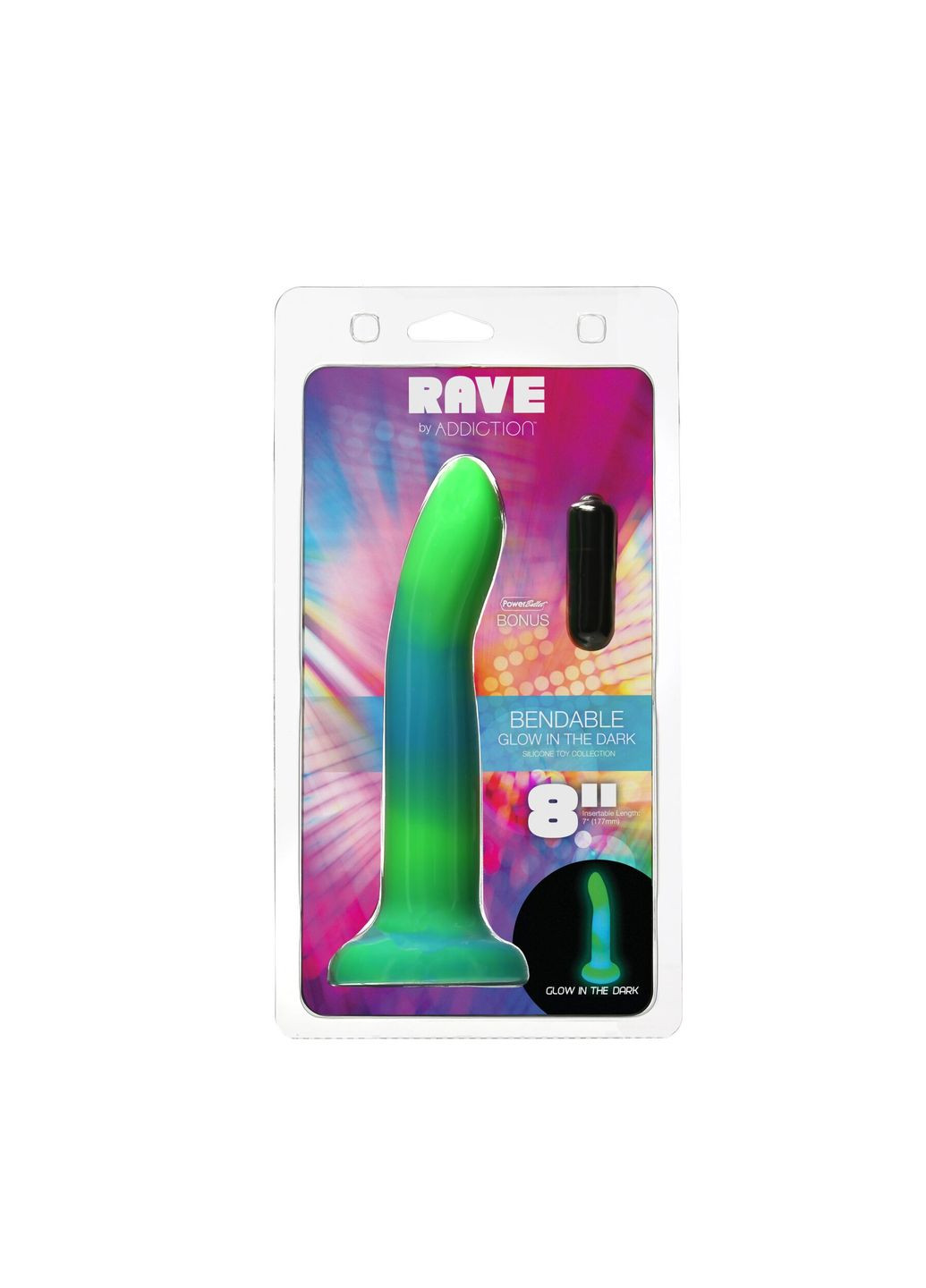 Светящийся в темноте фаллоимитатор Rave 8 Glow in the Dark Dildo Blue Green, 20,3 см - CherryLove ADDICTION (332209921)