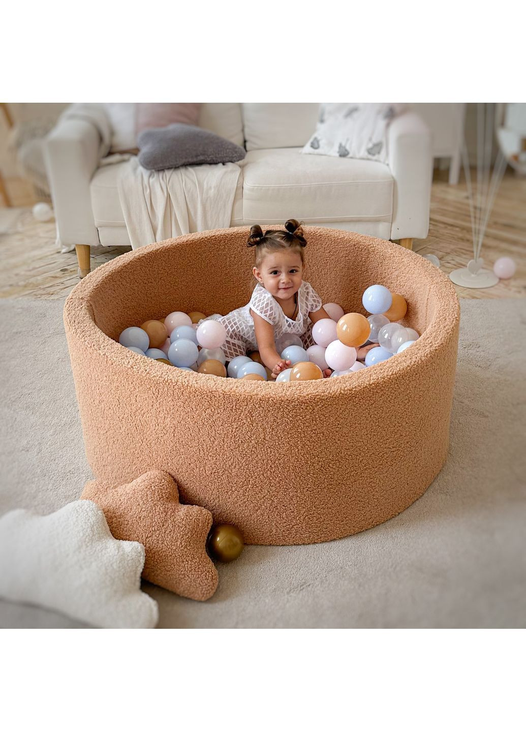 Сухий басейн з 150 кульками 100Х40 см з хутра Тедді (бежевий) JoyfulKids (370665077)