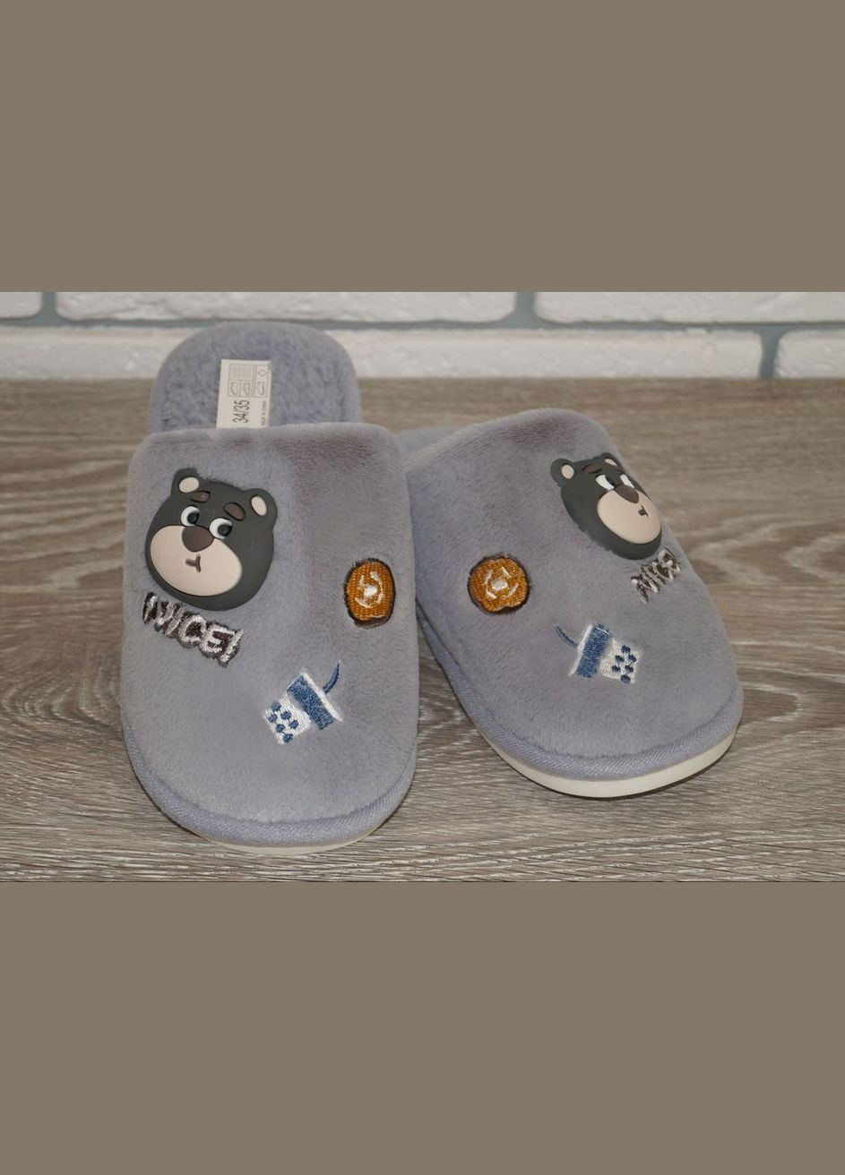 Серые тапочки для мальчика меховые с красивой аппликацией Deshman