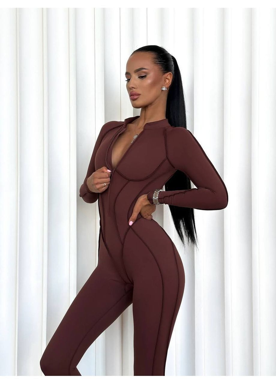 Жіночий комбінезон з відкритою спиною MonCher комбінезон-брюки темно-коричневий спортивний