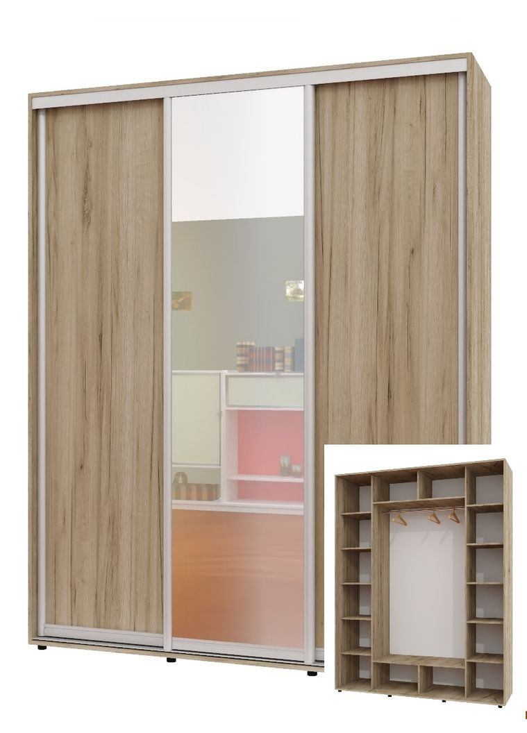 Шафа-купе тридверна 200*60*230 см Дуб крафт сірий 3 двері ДСП + Дзеркало + ДСП ШК-05 Алекса (360430974)