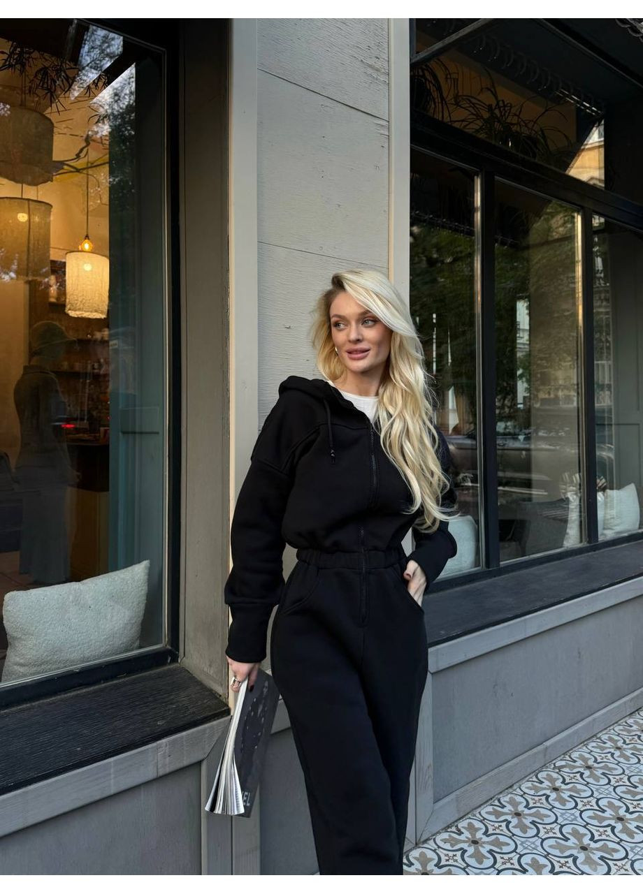 Женский стильный и практичный комбинезон. Україна комбинезон-брюки однотонный чёрный кэжуал трехнитка с начесом