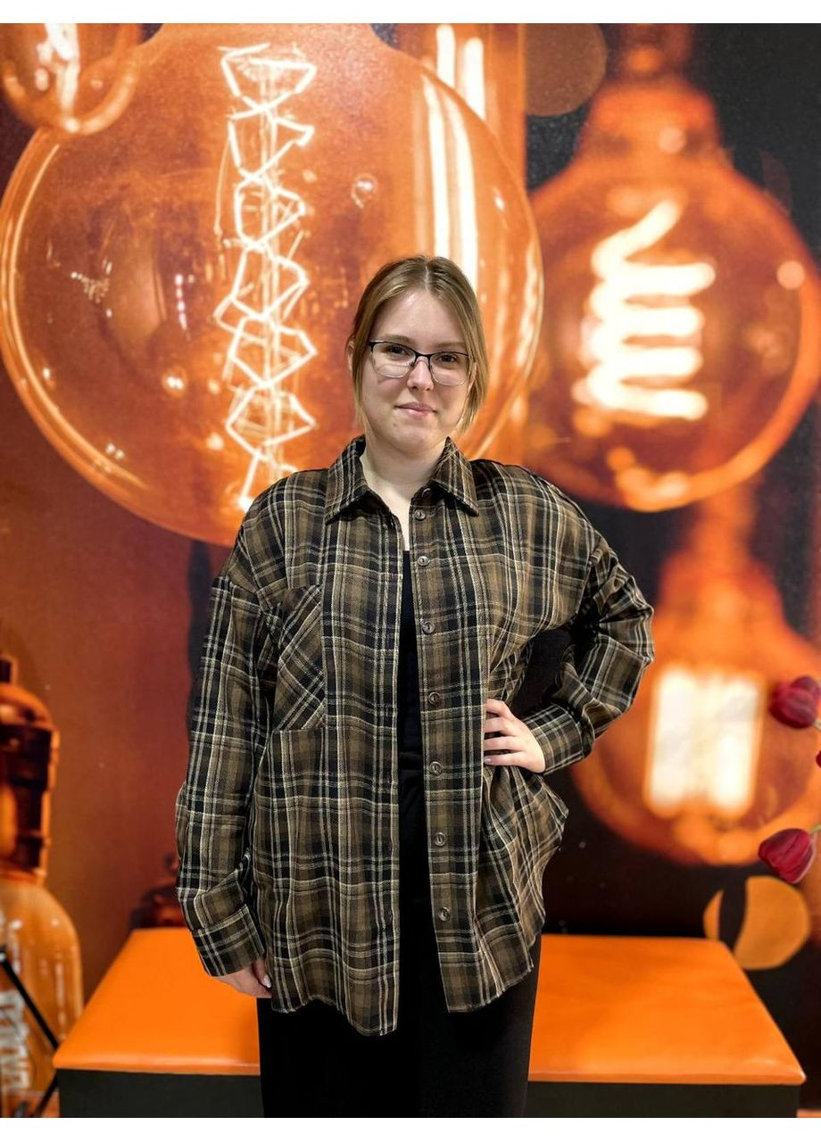 Коричнева сорочка жіноча бавовна клітинка довгий рукав 46/48 темно-синя AKSAN