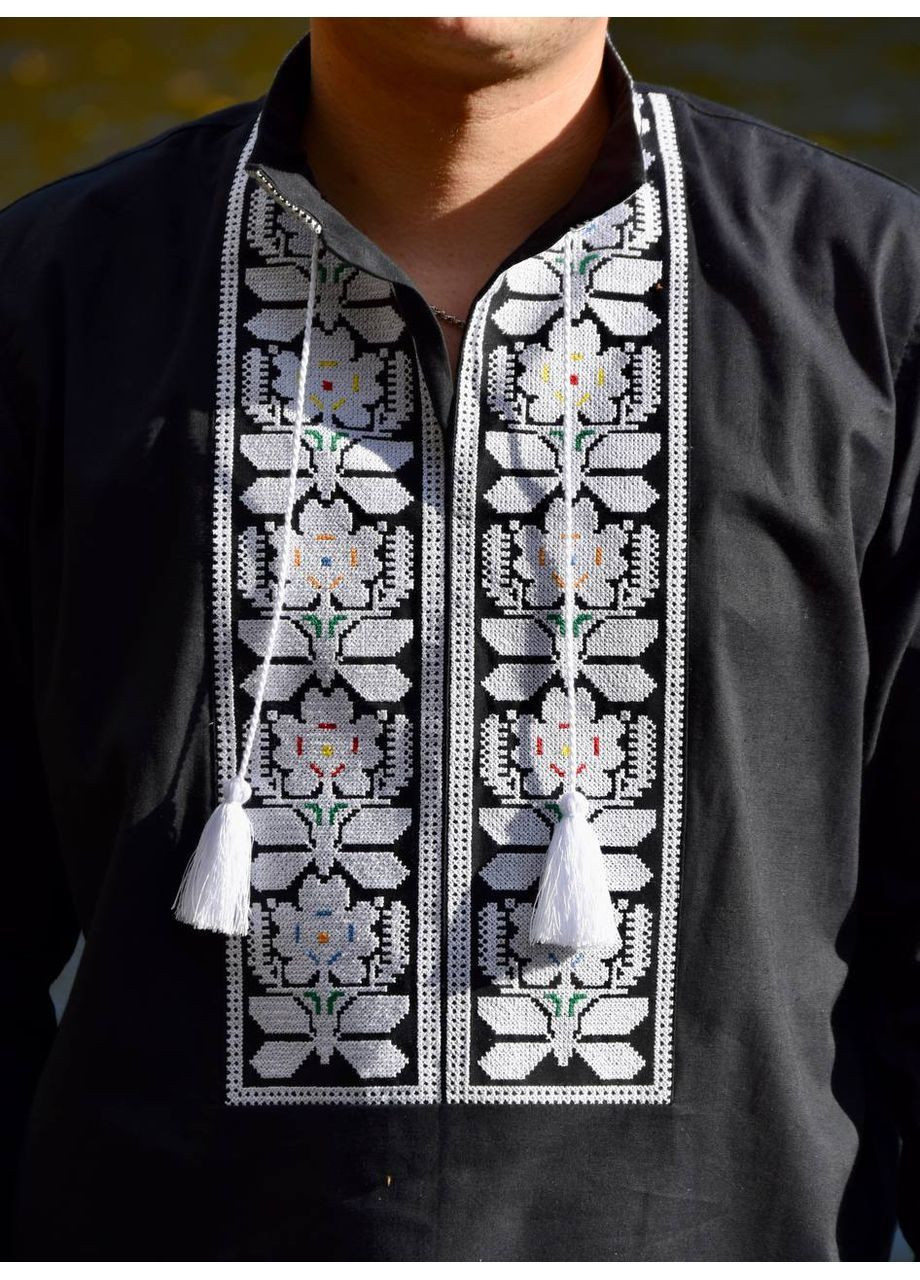 Чорна борщівська чоловіча вишиванка на чорній тканині Lelyk візерунок квітковий вільна бавовна (365783513)