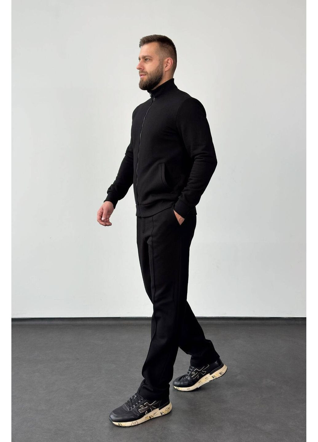 Черный демисезонный спортивный костюм на флисе (кофта, брюки), цвет черный Nenka
