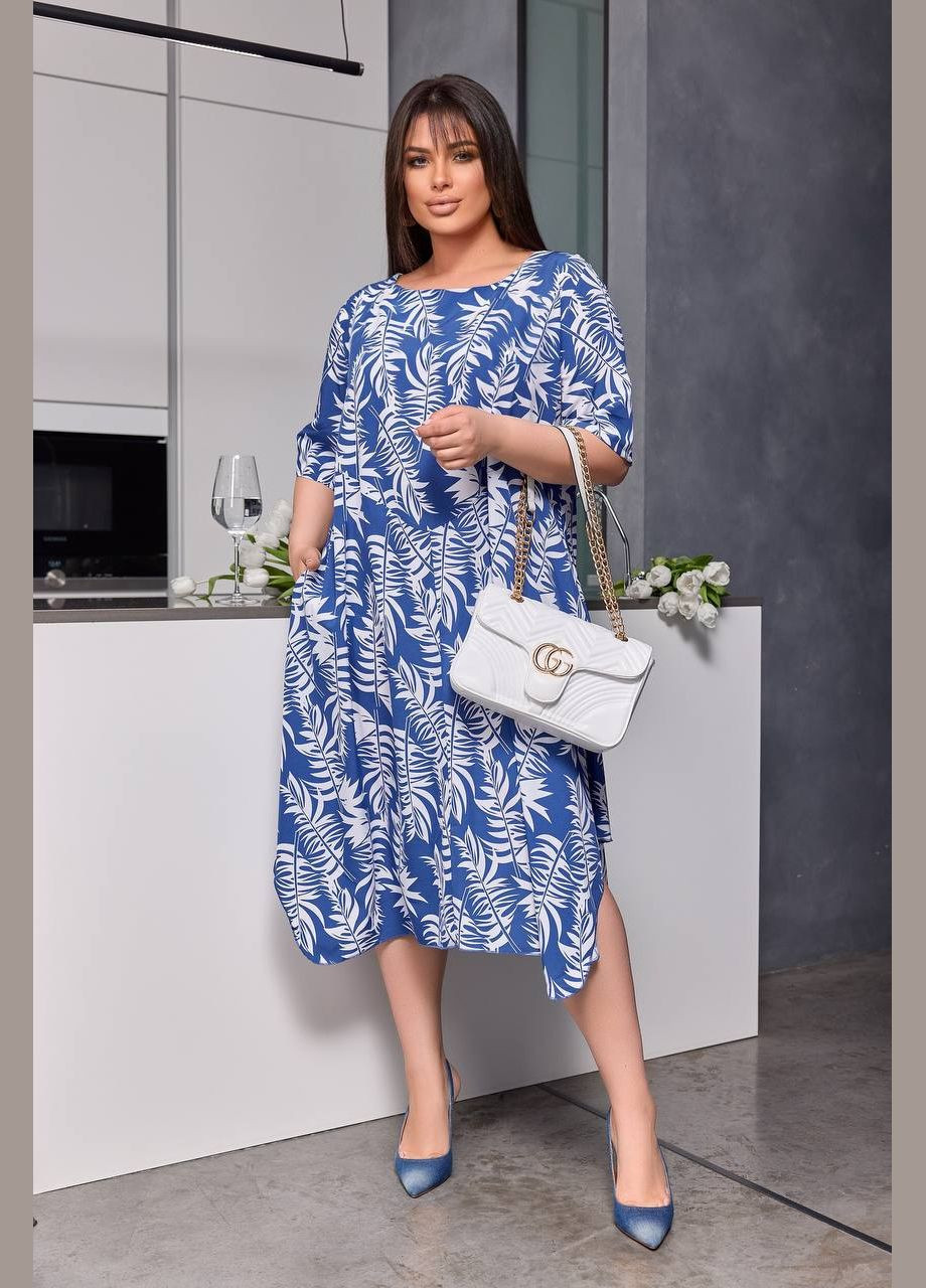 Синее женское платье из софта цвет джинсовый-белый р.50/52 453419 New Trend