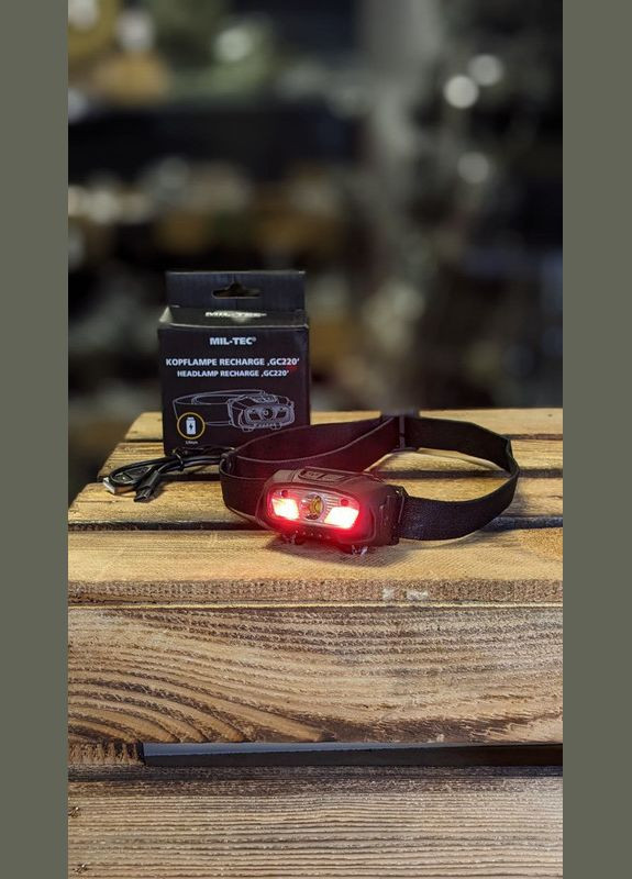Ліхтарик тактичний Налобний біле та червоне світло + кабель Type-c для зарядки KOPFLAMPE RECHARGE 'GC220' SCHWARZ (15172300) Mil-Tec (292734721)