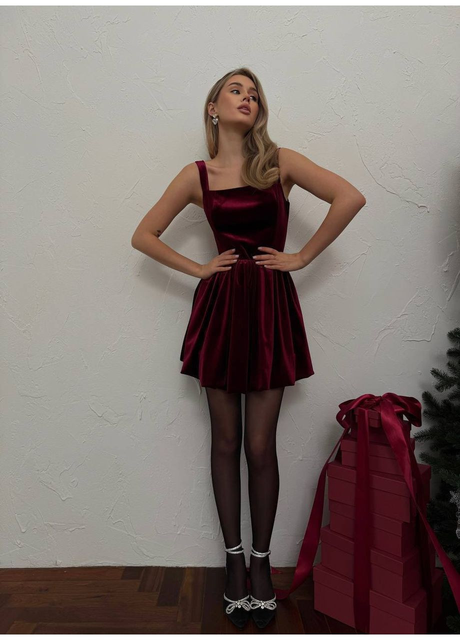 Бордовое праздничный, коктейльное, вечернее платье из бархата с баллон-юбкой на подкладке 💫💫💫 бэби долл Україна однотонное