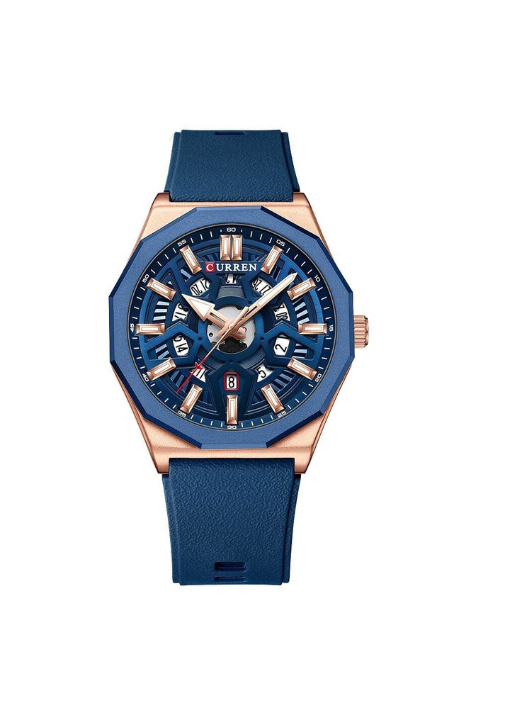 Годинник золотистий з синім ремінцем для чоловіків кварцовий з календарем і підсвічуванням ProDobro (367265887)