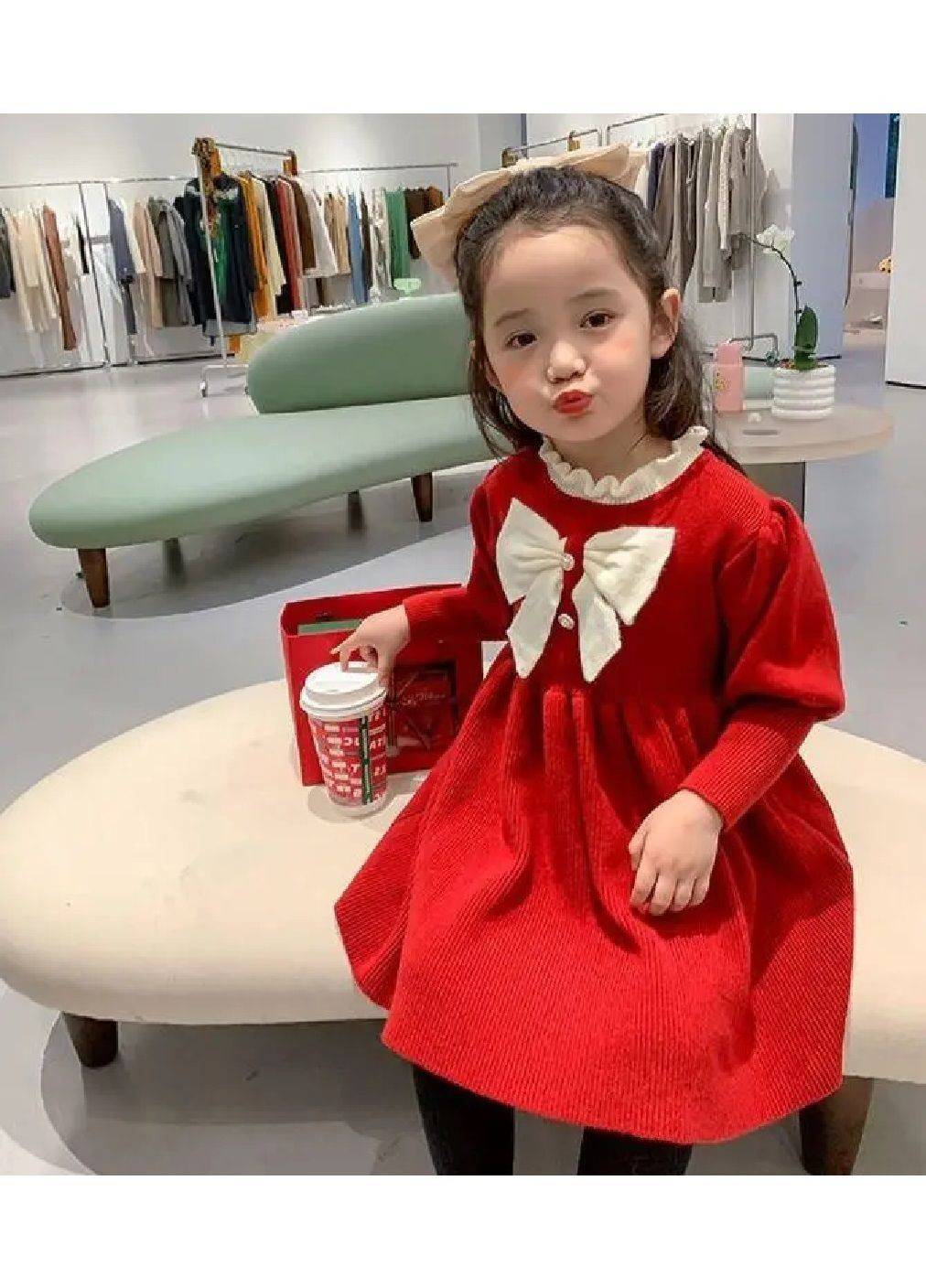 Красное теплое нарядное праздничное повседневное вязанное эластичное красное платье с бантиком для детей девочек (481833-prob) размер 90 Unbranded (366869175)