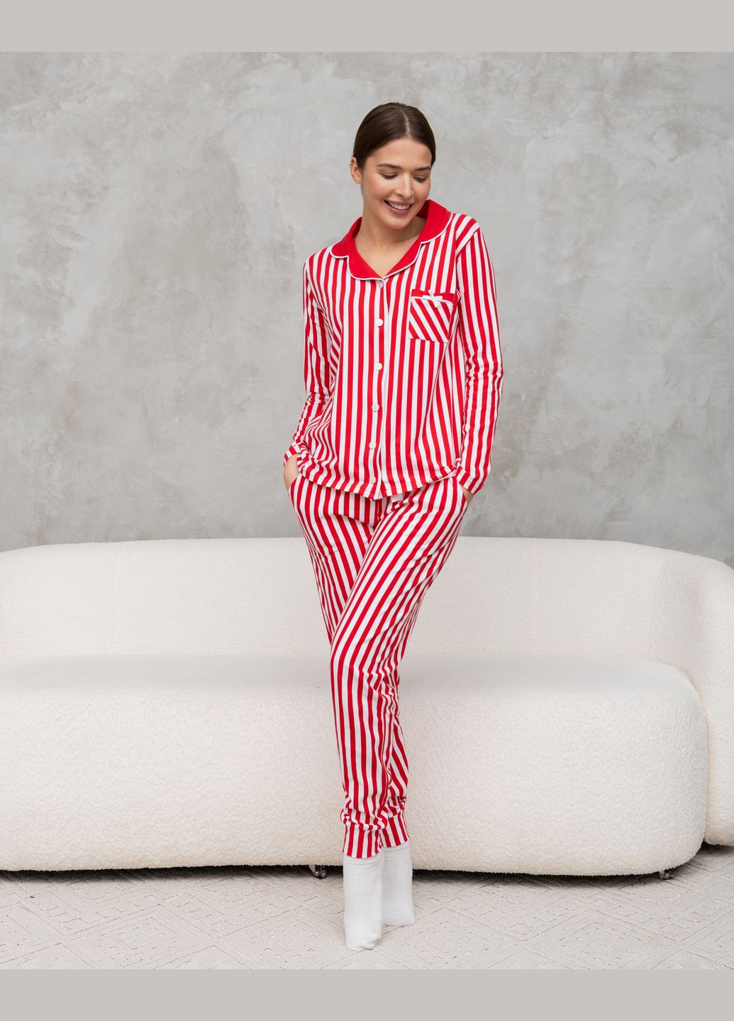 Красная всесезон пижама женская рубашка со штанами в красную полосочку размер s, m, l, xl рубашка + брюки Nicoletta Піжама