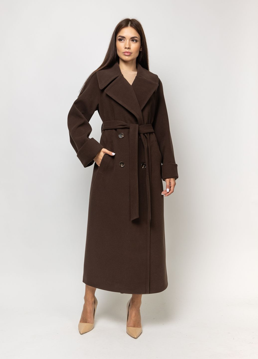 Темно-коричневое демисезонное Пальто классическое женское Марсель шоколад оверсайз CHIUAS