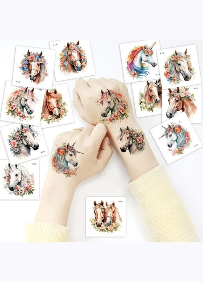 Набір тимчасових татуювань "Коні" Horses-20-01 розмір 6х6 см Fresh Tattoo (341677603)