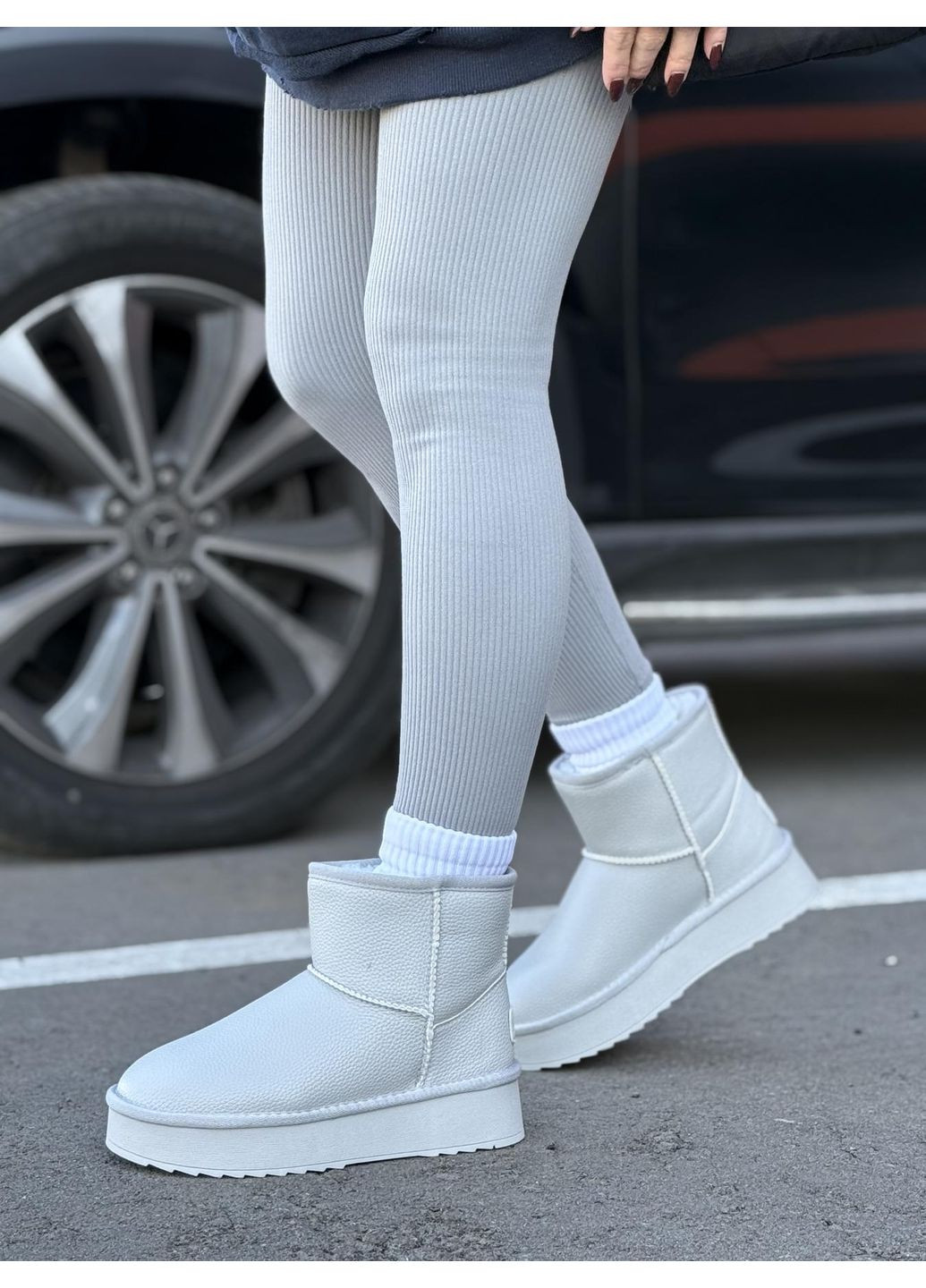 Жіночі уггі натуральна шкіра сірі на хутрі зимові на високій підошві дутики теплі No Brand (367954632)