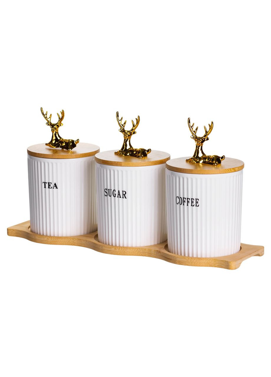 Набор фарфоровых банок для сыпучих продуктов 3 шт 400 мл для чая кофе сахара с подставкой контейнеры для хранения Yiwu (370432413)