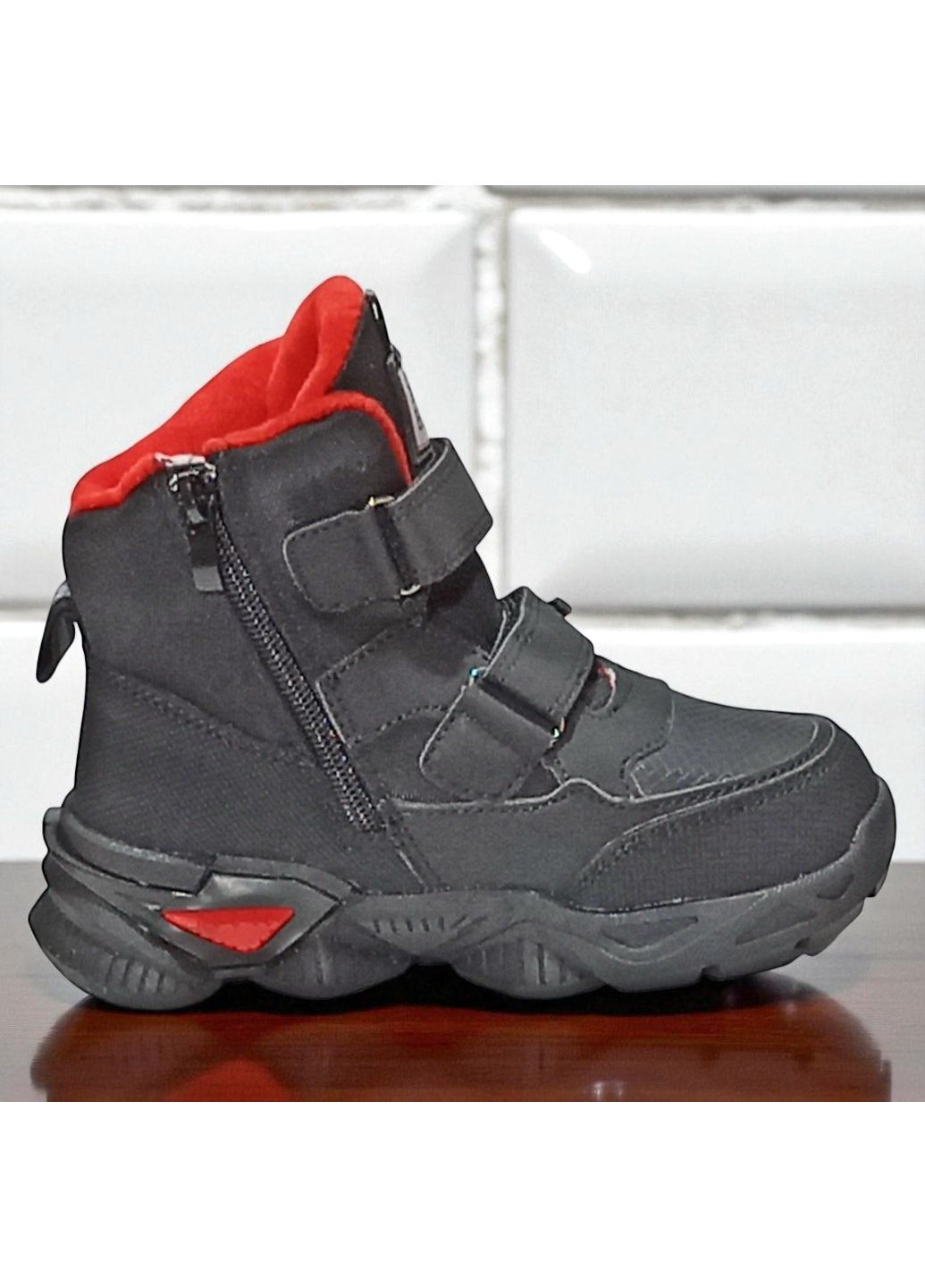 Черные спортивные, повседневные, кэжуал осенние демисезонные утепленные ботинки на флисе хайтопы на липучках для мальчика клиби Clibee