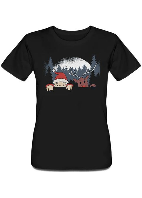 Черная летняя женская новогодняя футболка santa and reindeer (чёрная) Fat Cat