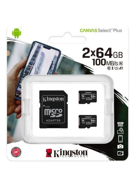 Карта памяти microSDXC 2х64GB Canvas Select Plus Class 10 UHSI U1 (SDCS2/64GB-2P1A) Kingston (315710319)