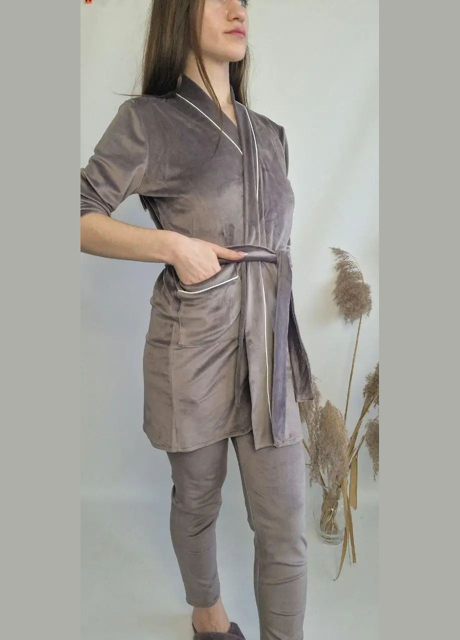 Кавова всесезон жіночий піжамний комплект одягу (халат, штани, майка) кавового кольору No Brand