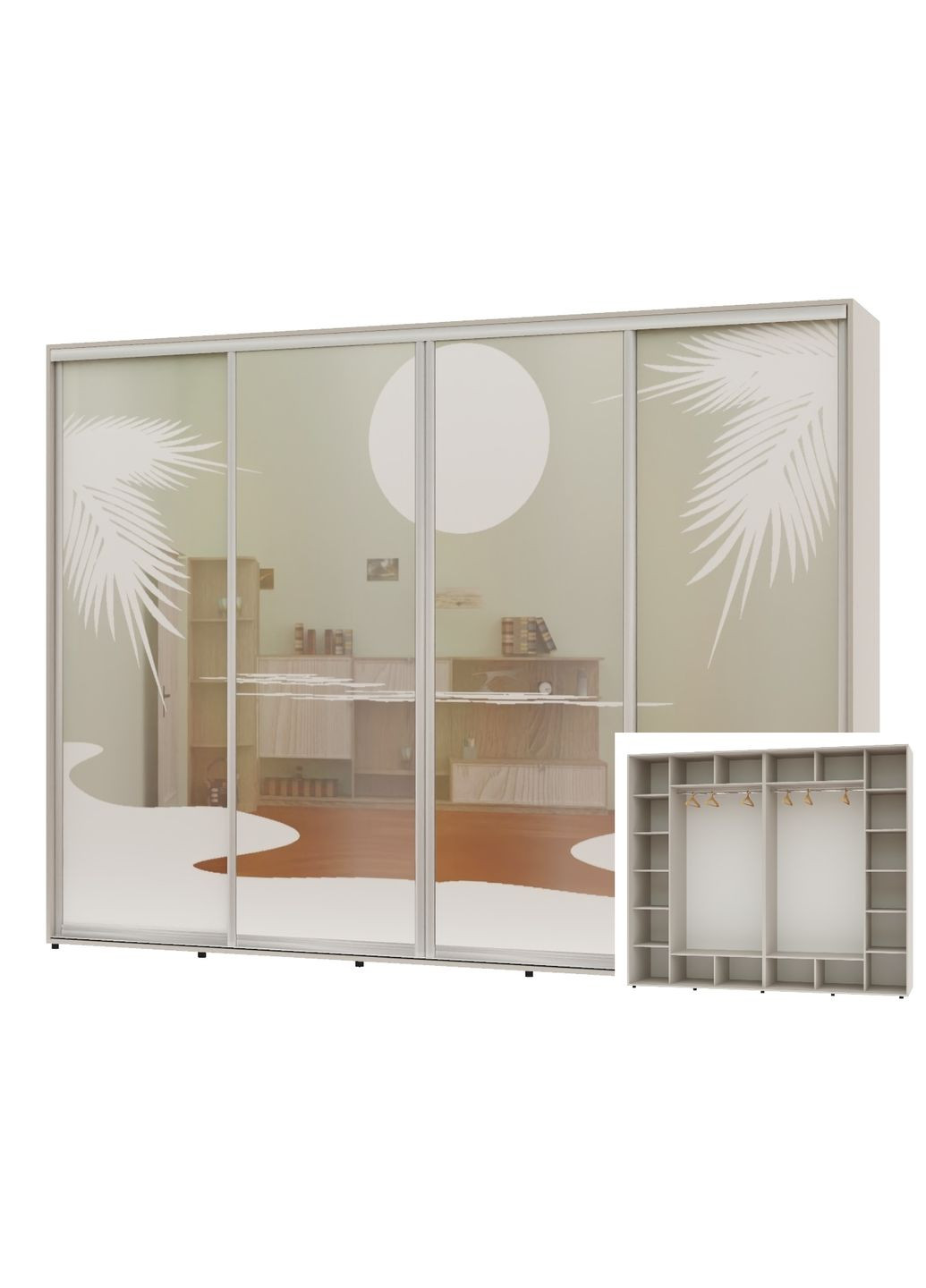 Шафа-купе чотиридверна 340*60*250 Кашемір Дзеркало з піскострумним малюнком Алекса (360434165)