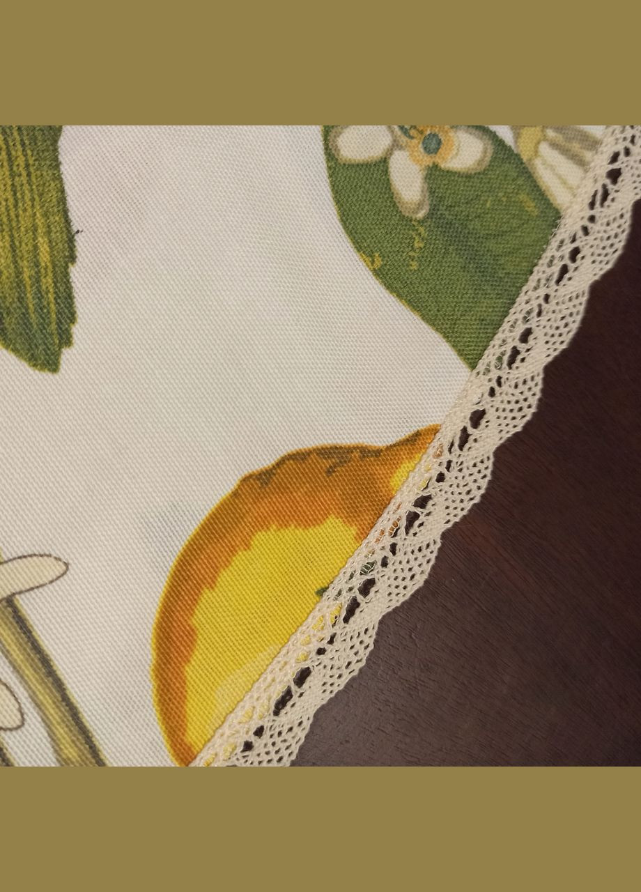 Скатерть на круглый стол водоотталкивающая хлопковая с тефлоновым покрытием "Лимоны и Бабочки" с кружевом 140 Maystat (305390433)