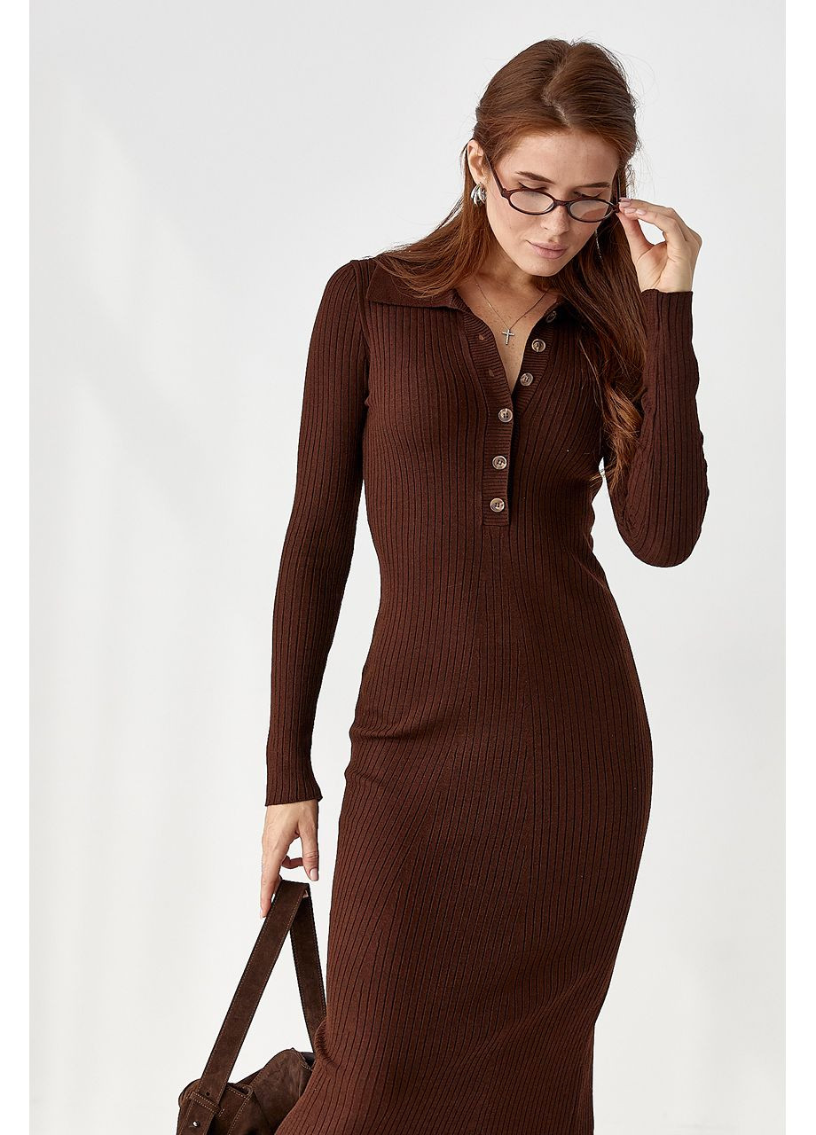 Коричневое повседневный длинное трикотажное платье-поло - черный цвет Lurex