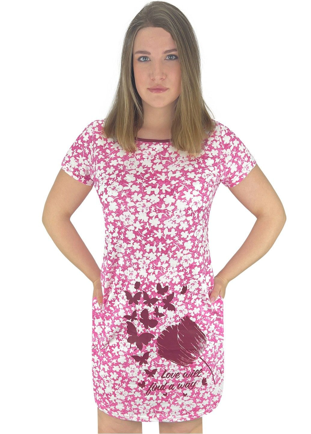 Рожева повсякденний, домашній, пляжна сукня жіноча з кишенями білі квіти з накатом Жемчужина стилей з квітковим принтом