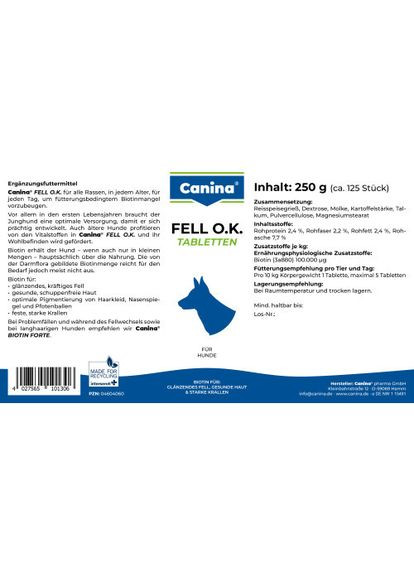 Витамины Fell O.K. для собак, для шерсти, суточная потребность в биотине, 250 г (125 табл) (*) Canina (322589511)