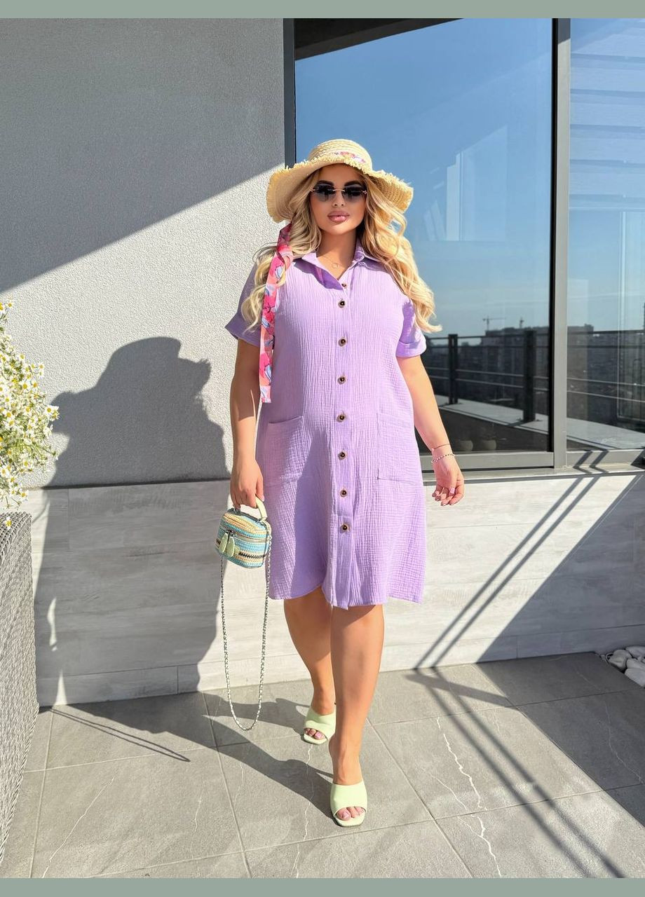 Лавандовое повседневное нежное женское платье-рубашка из муслина. Україна однотонное