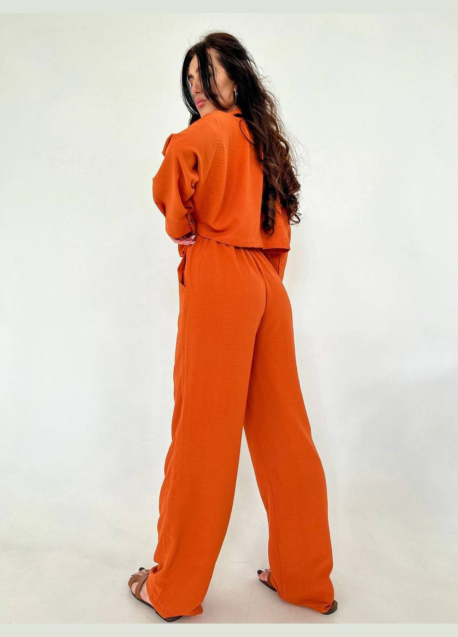 Яскравий літній костюм двійка з якісної тканини: креп-жатка (сорочка+штани клеш), стильний помаранчевий костюм 2-ка No Brand 254-1 (289361151)