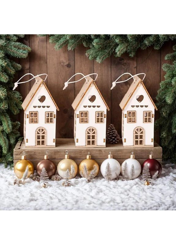 Деревянные украшения в форме домика 3 шт. 3х3.8х7.5 см Бело-коричневые No Brand (370161558)