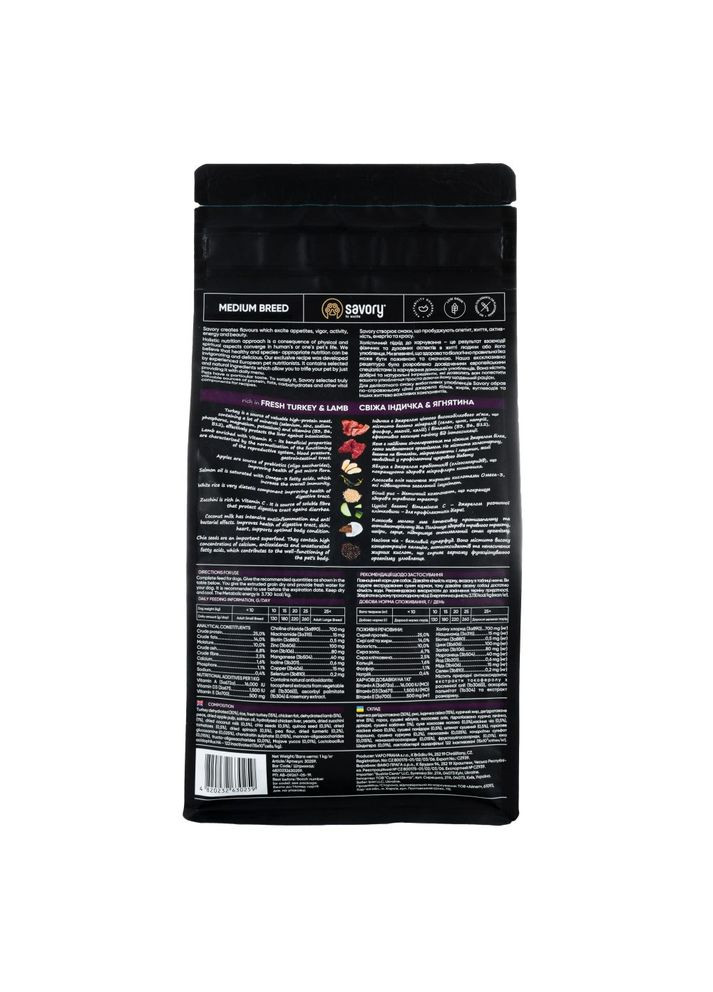 Сухий корм Medium для собак середніх порід, зі свіжим ягням та індичкою, 3 кг Savory (345743370)
