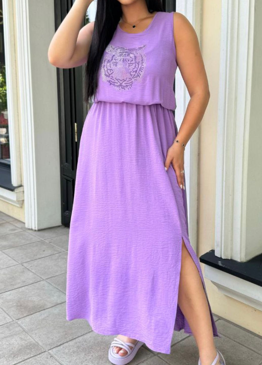 Лавандовое повседневный изысканное легкое повседневное летнее меди платье без рукавов с карманами и украшенное камешками Tik-Tak с рисунком
