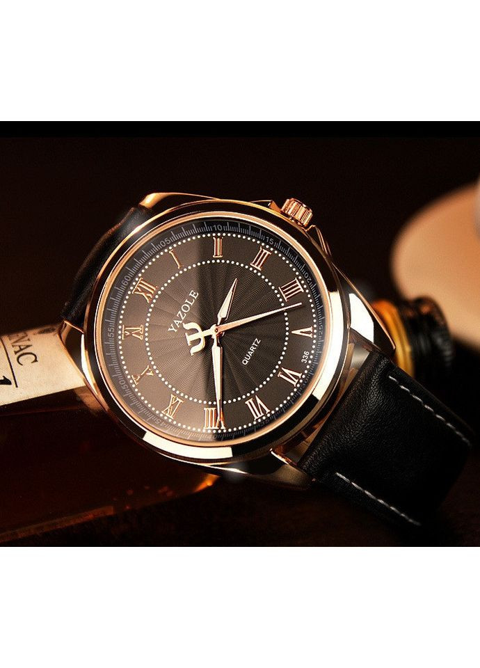 Класичний чоловічий годинник Yazole кварцовий аналоговий з чорним циферблатом і коричневим ремінцем (sku_156) No Brand (350906529)