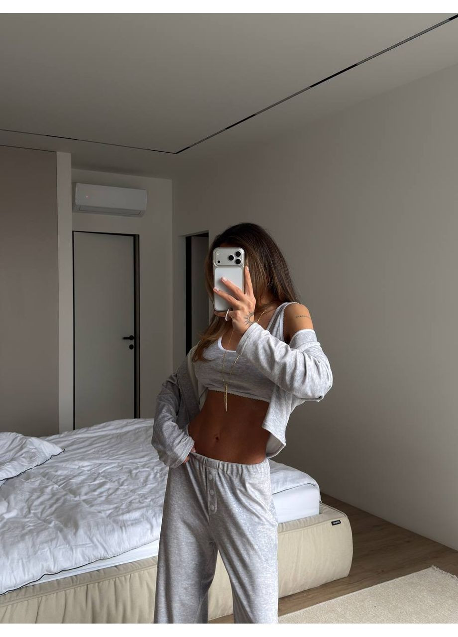 Сіра зимня жіноча піжама трійка сорочка + топ + брюки Asi.Store.ua