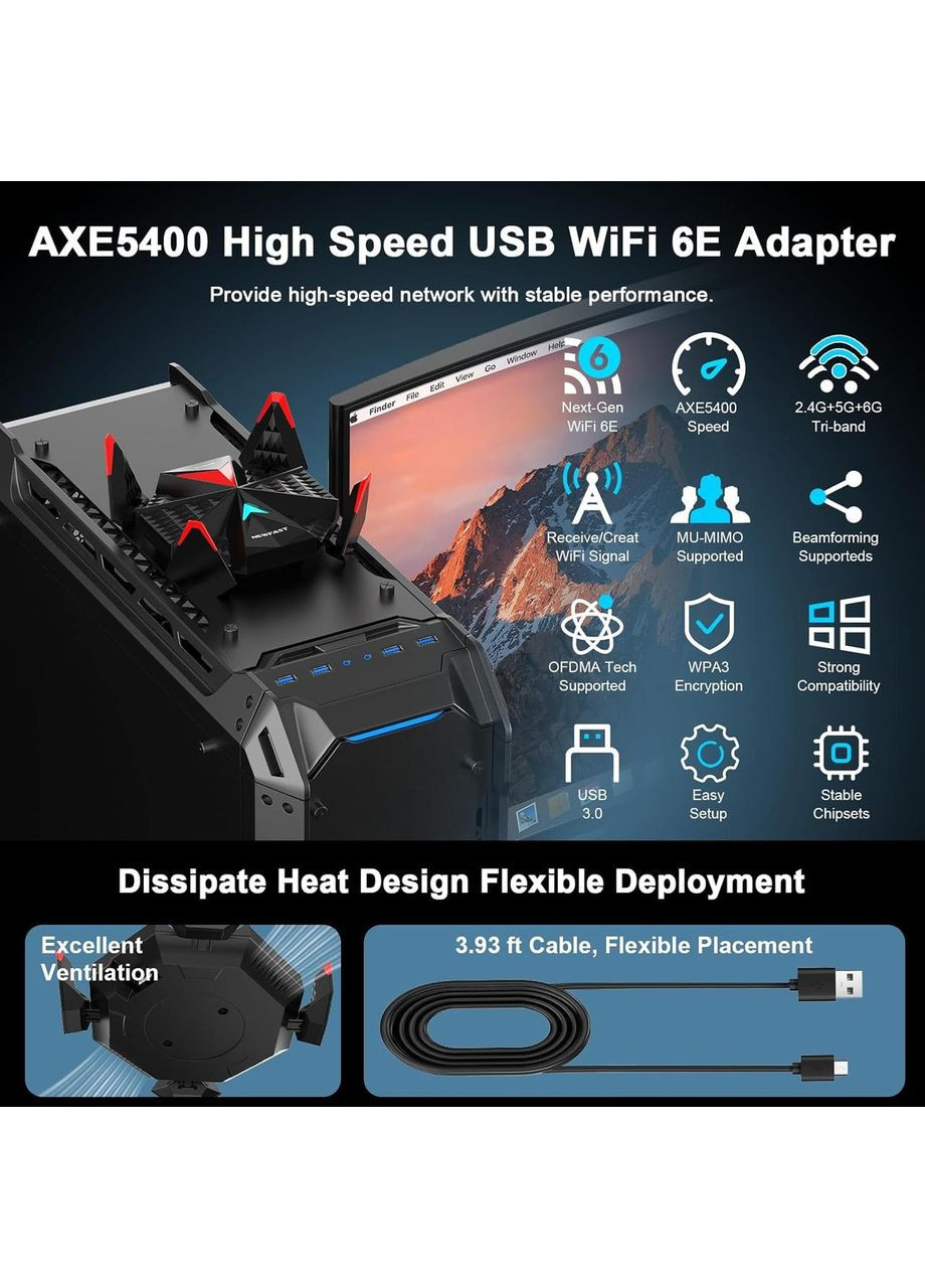 Адаптер, мережева карта Wi-Fi Newfast NF-U357 AX5400 Wi-Fi6E, тридіапазонний, USB, 4 антени Atak (351371513)