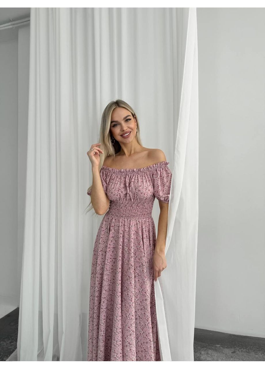 Рожева сукня максі в підлогу у рожеву квітку чорного кольору No Brand