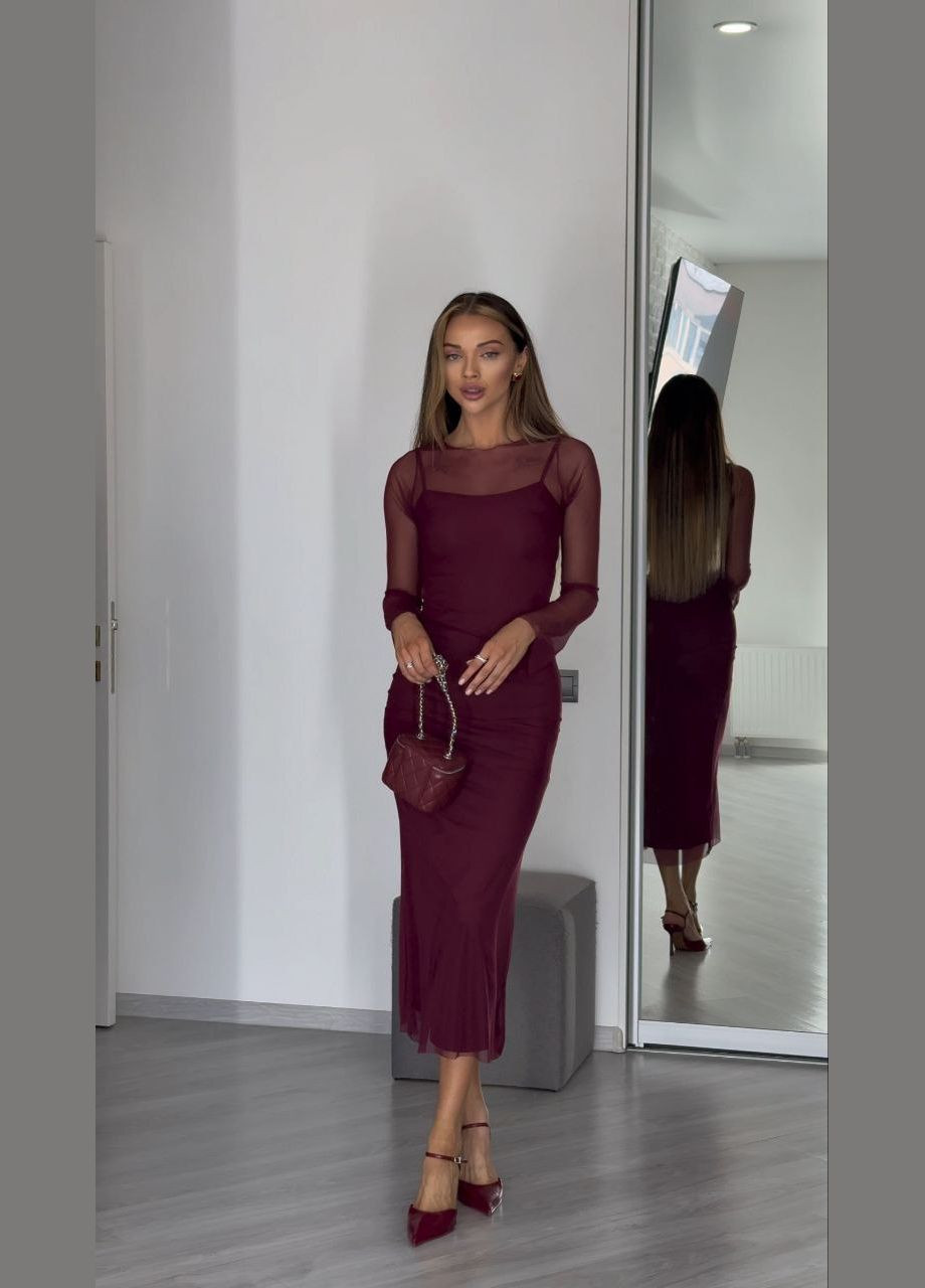 Бордовое праздничный, коктейльное, откровенный, кэжуал, вечернее женское черное бордовое коктейльное платье сетка два в одном бургунде сарафан на бретельках платье No Brand однотонное