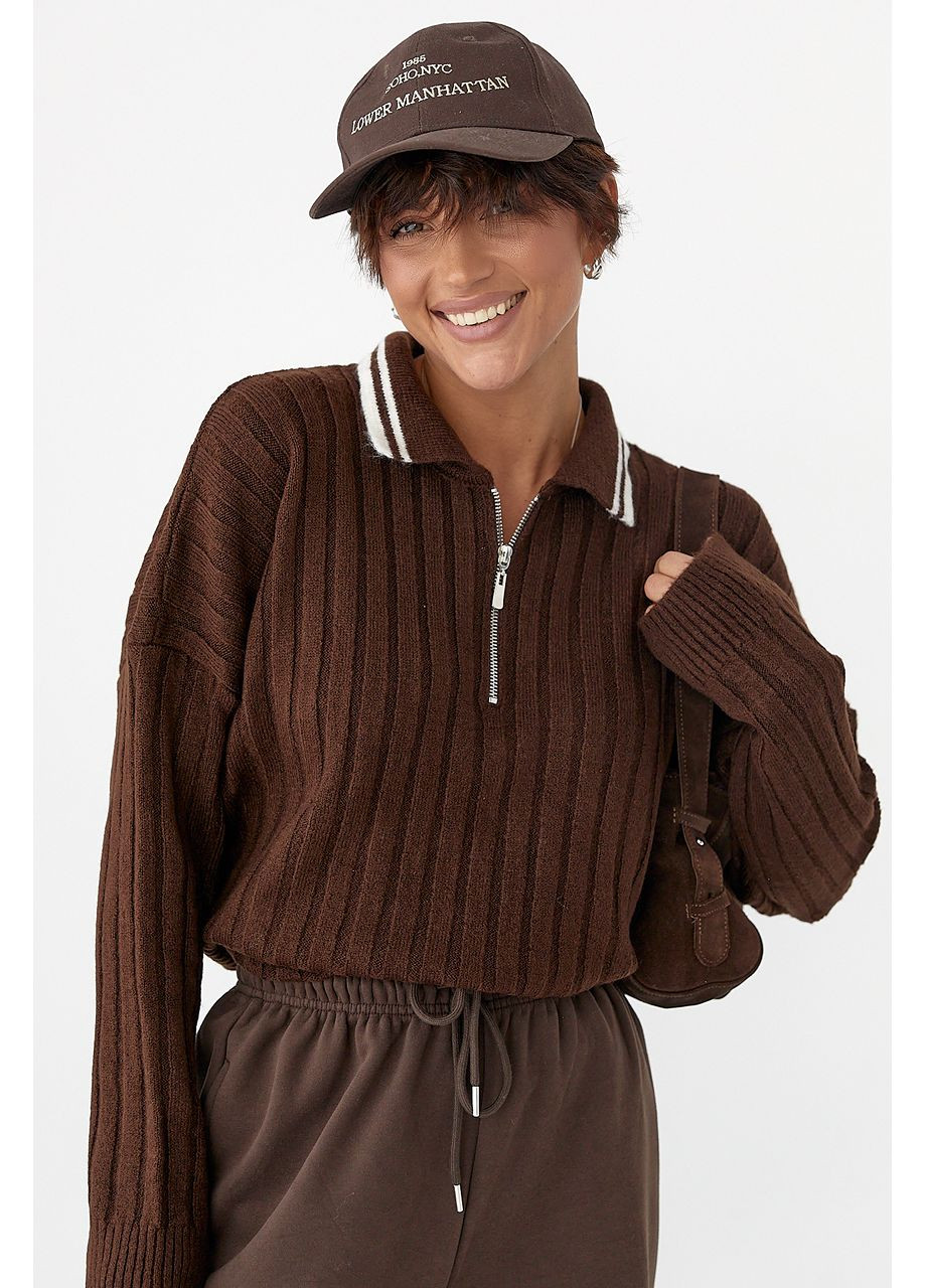 Коричневий демісезонний в'язана кофта-поло в широкий рубчик Byron