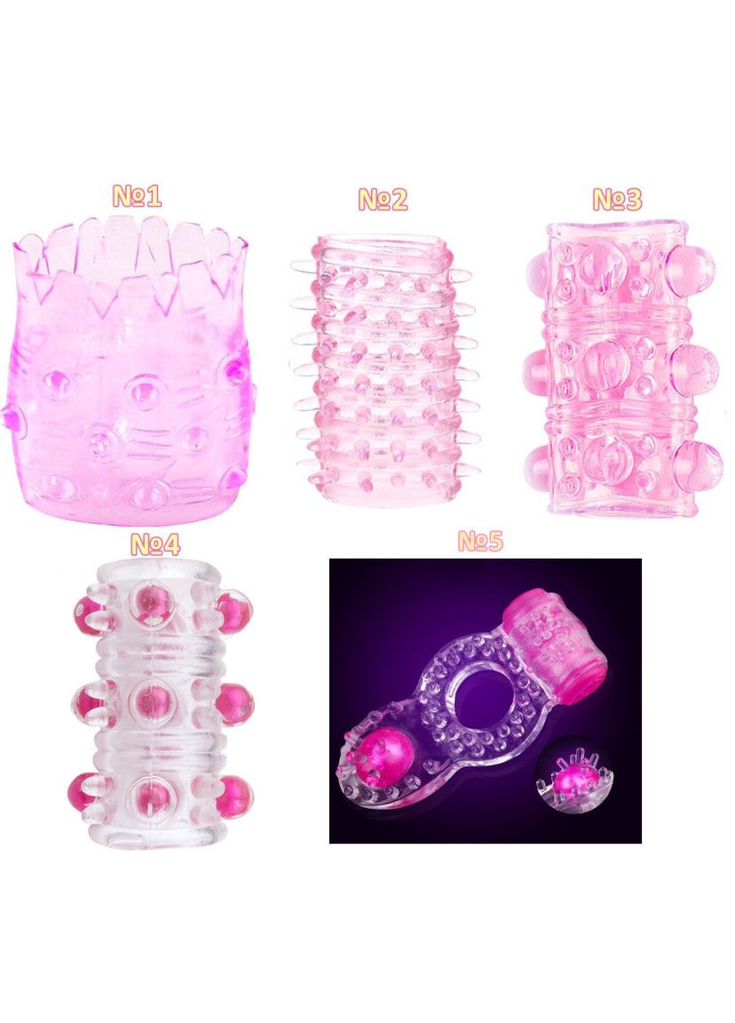 Набір насадок на пеніс, насадки на вібратор, насадки на член + ерекційне вібро кільце (набір 5 предметів) No Brand (314874576)