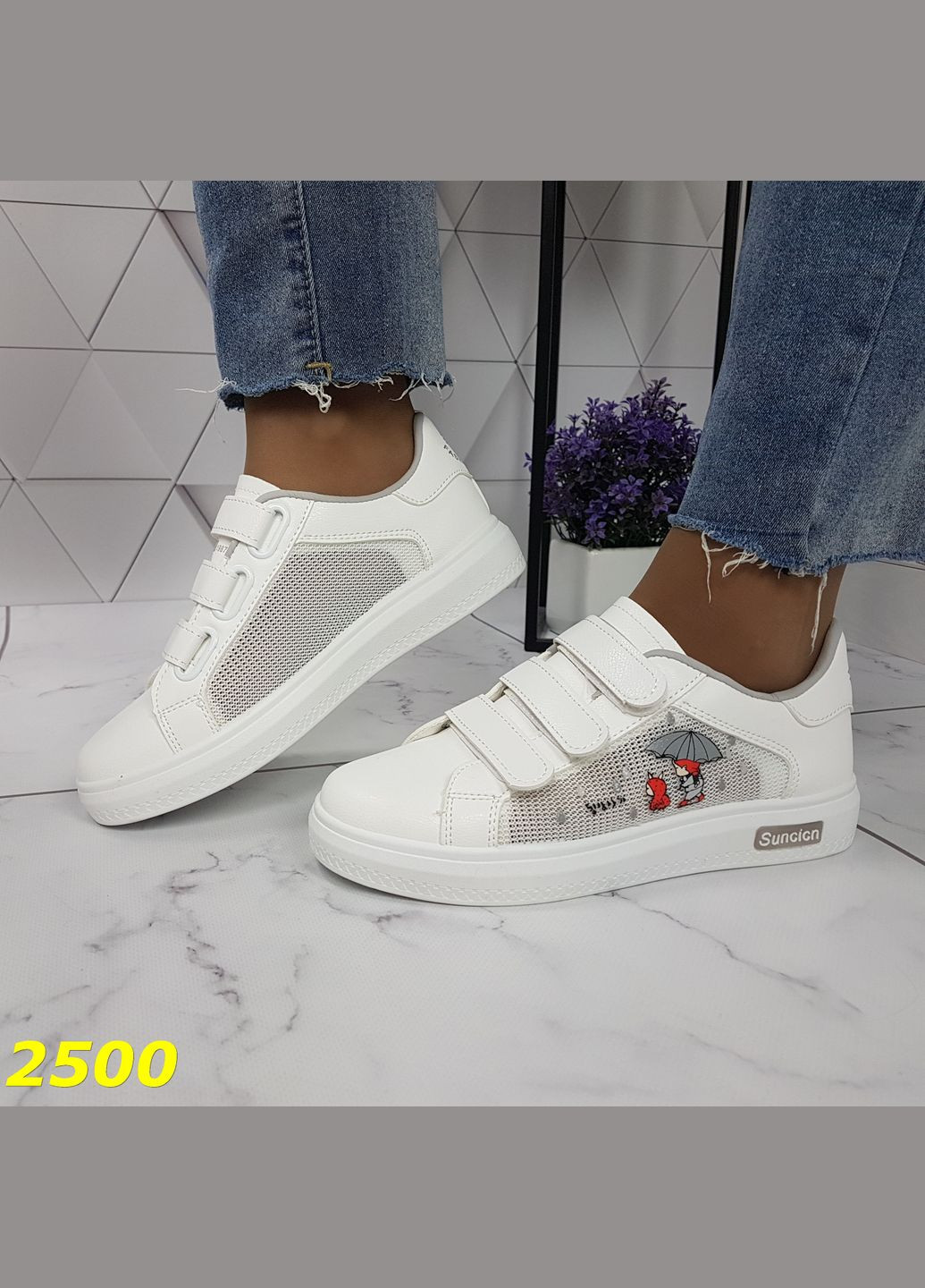 Кроссовки кеды белые на липучках дышащие с принтом No Brand белые лето (326597349)