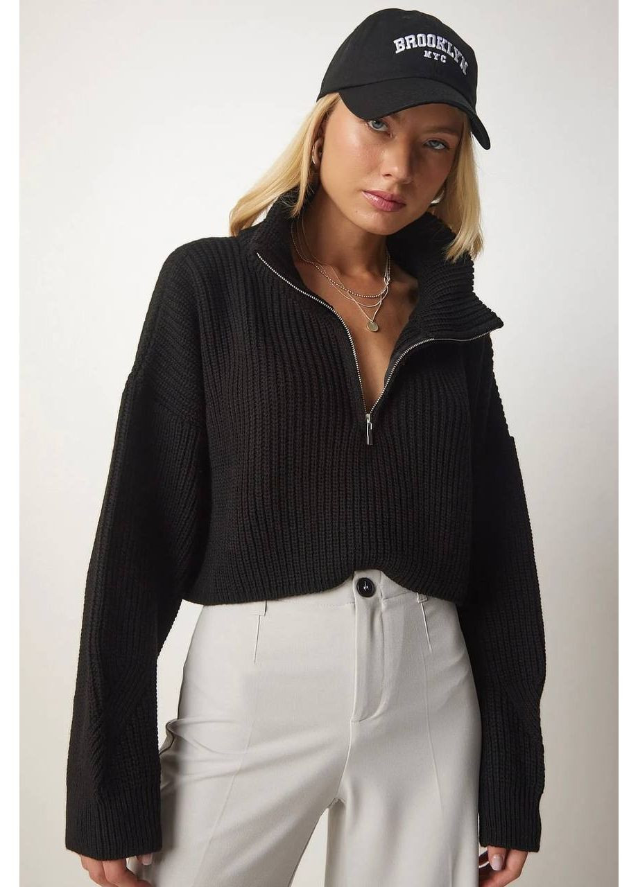 Чорний демісезонний 💫 укорочений в'язаний светр на блискавці – must-have цього сезону! розмірна сітка в описі DK/DL Мода без кордонів